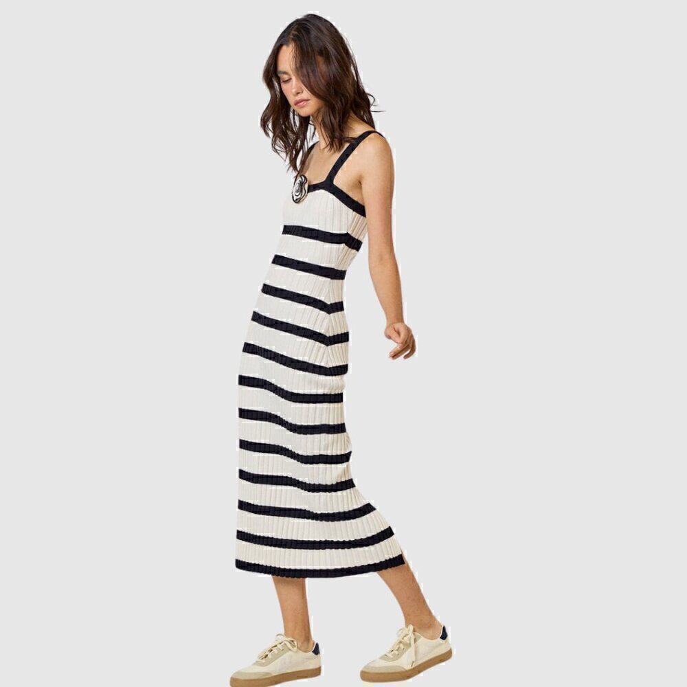 Striped Midi Rosette Black and White Dress - Picture 3 of 4
